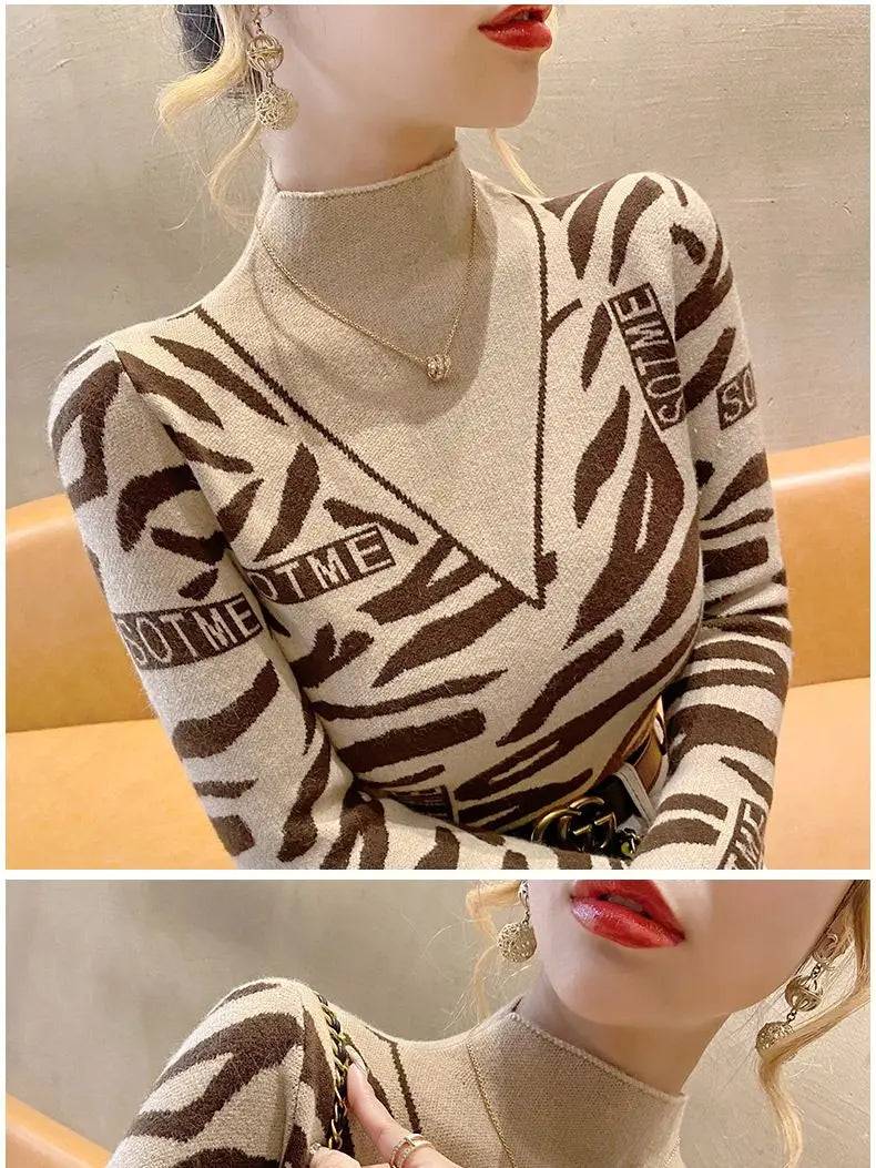 Autumn Office Lady Patchwork Knitting Turtleneck Long Sleeve Pullovers Women Clothes Fashion Letter Slim Top Tee Ladies Sweater