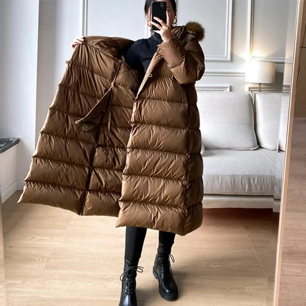 Real Fur Jacket 2024 Winter Women White Duck Down Jackets Ultra Light Warm Long Parkas Fox Fur Collar Female Hooded Snow Coats