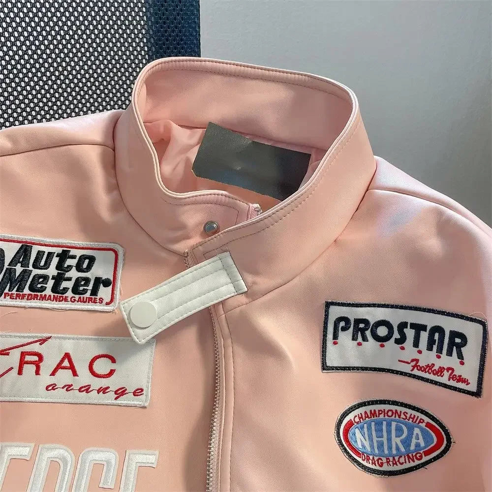 Motorcycle pu leather jacket coat baseball jacket pink american style women autumn and winter fried street high level clothes