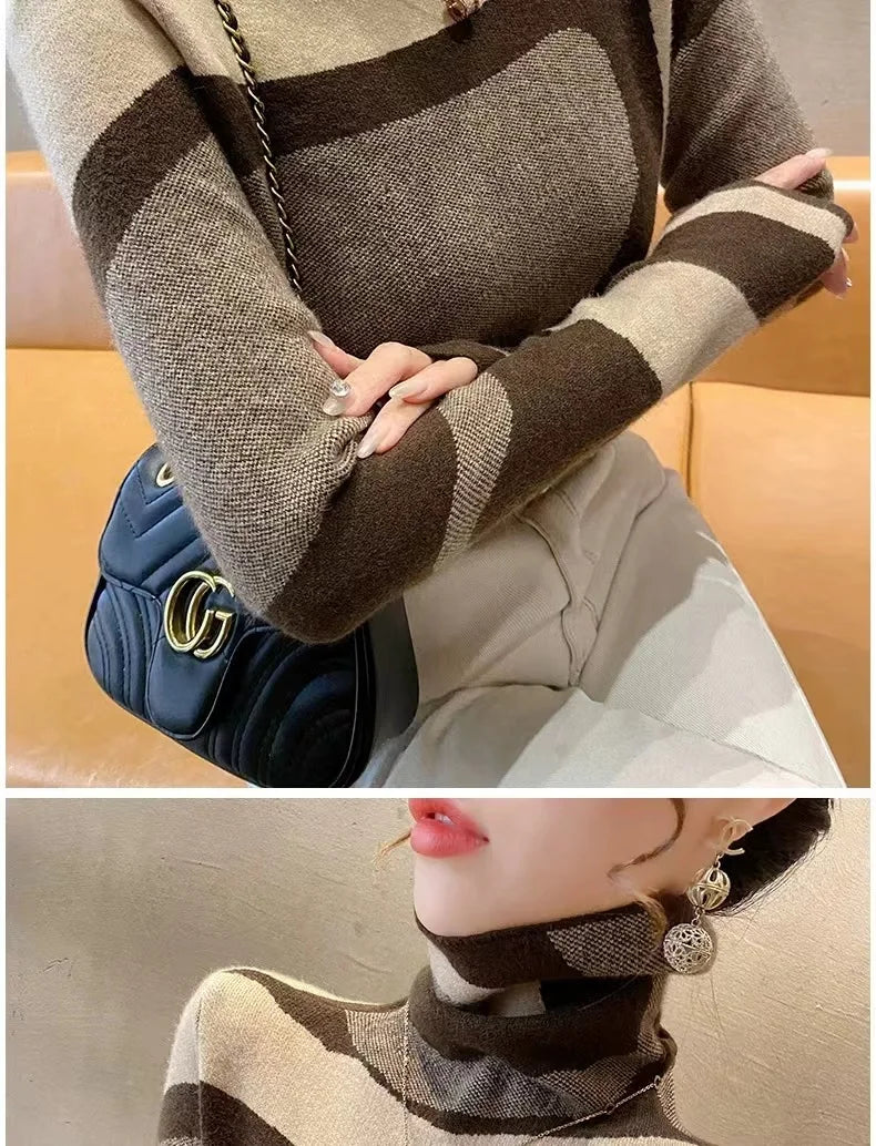 Women Clothing Fashion All-match Slim Knit Pullovers Autumn Winter Elegant Chic Geometric Patchwork Sweaters Office Lady Y2k Top