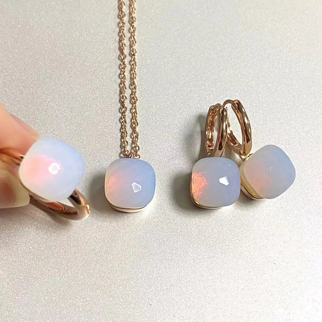 3Pcs/Set Women Ring Earrings Necklace Jewelry Set 34Colors Pink Crystal Jewelry Set Rose Gold Plated Jewelry