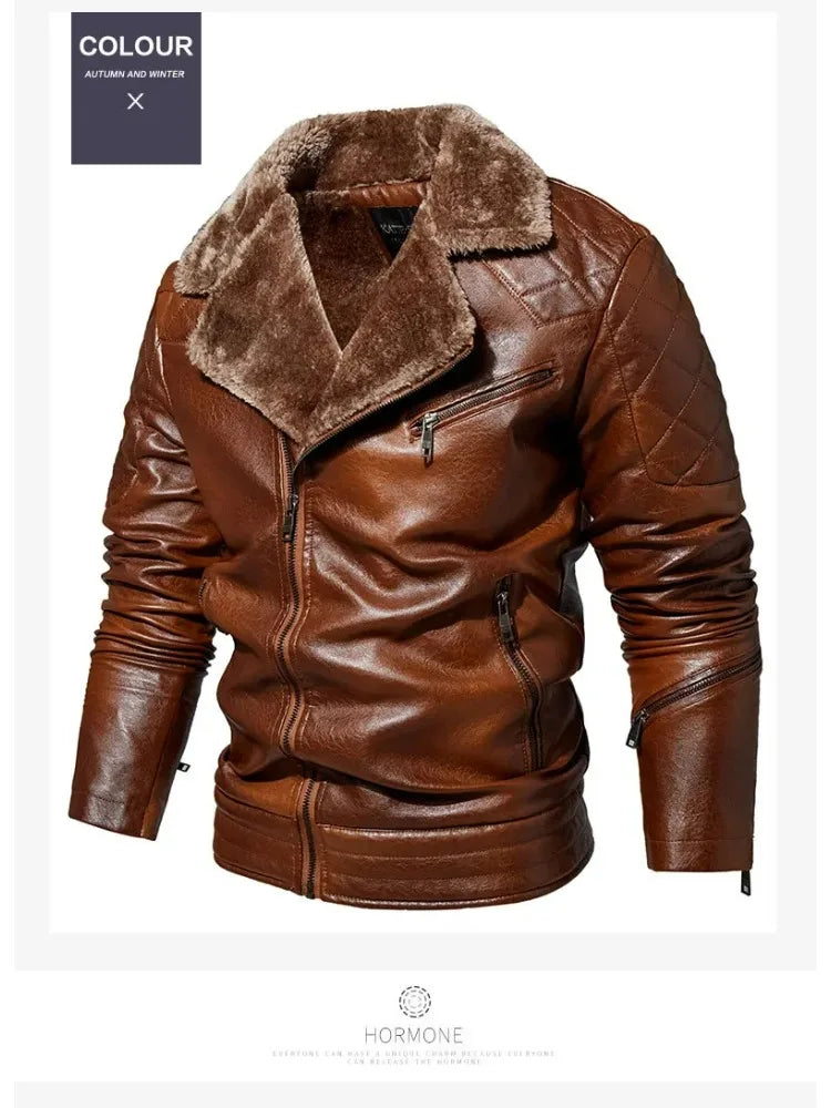 Fashion Warm Winter Mens PU Leather Jacket With Fur Collar Thicken Fleece Motorcycle Coat Casual Faux Leather Locomotive Jacket