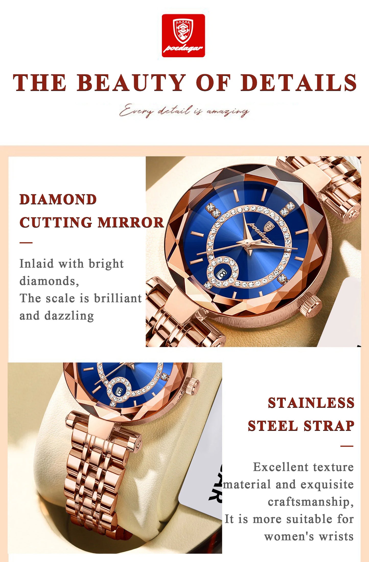 POEDAGAR Luxury Original Watches For Women Waterproof Stainless Steel Date Ladies Watch Diamond Fashion Quartz Woman Watch Reloj