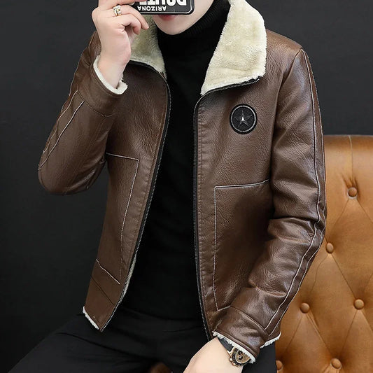 2026 Men's PU Leather Jacket Slim Fit Fur Collar Motorcycle Biker Jacket Warm Winter Coat for Men Windproof Zipper