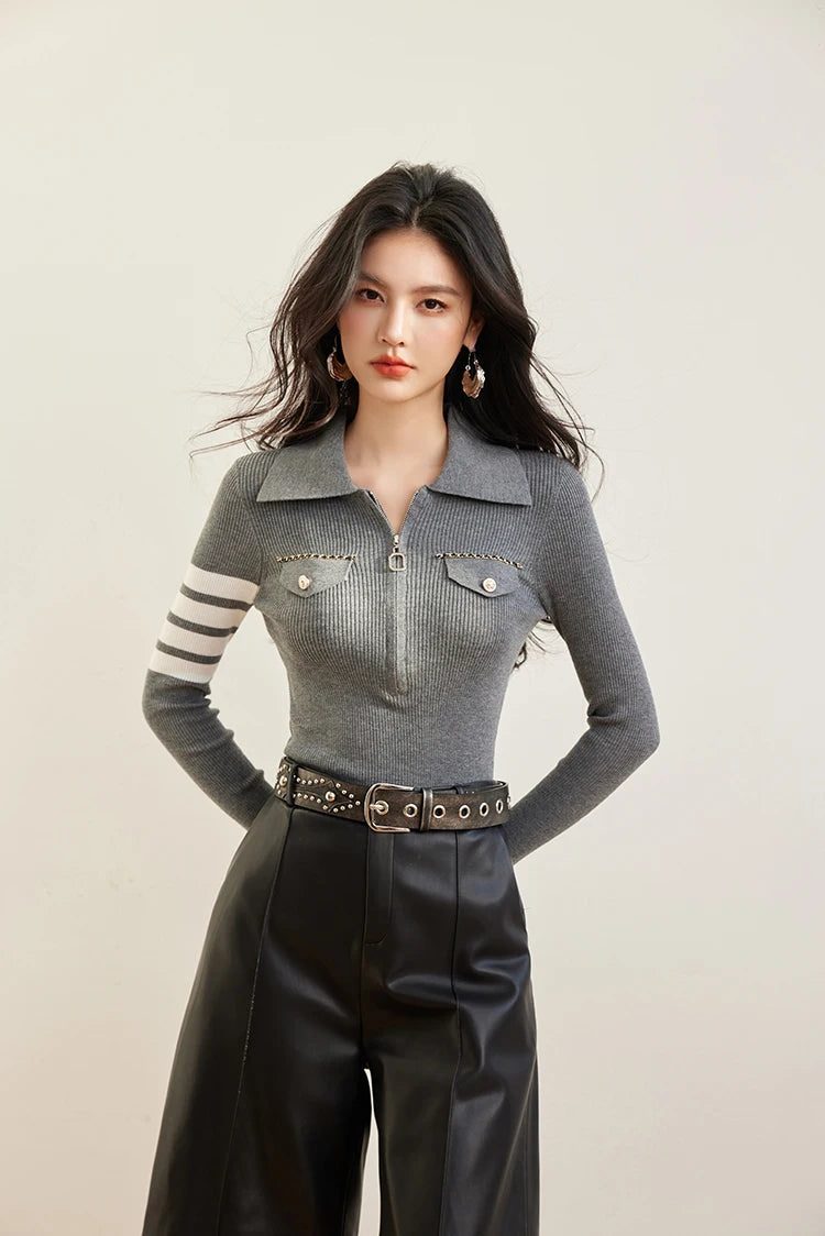 H Han Queen Spring Autumn Zipper Tops Slim Knitted Bottom Shirt Women's Sweater Striped  Casual Knitted Pullover Sweater