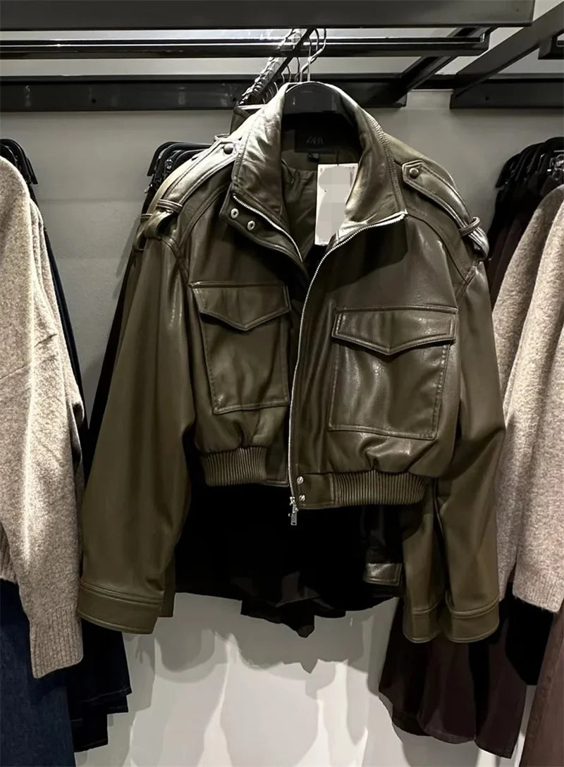 Women's Jacket New Fall 2025 Dark Green Long Sleeve Faux Leather Short Jacket Jacket Biker Style Casual Fashion Personality