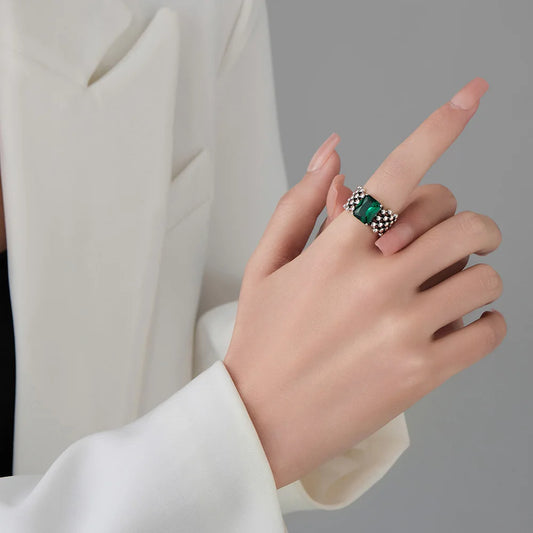 925 Sterling Silver Green Zircon Adjustable Open Rings For Women Engagement Luxury Quality Jewelry