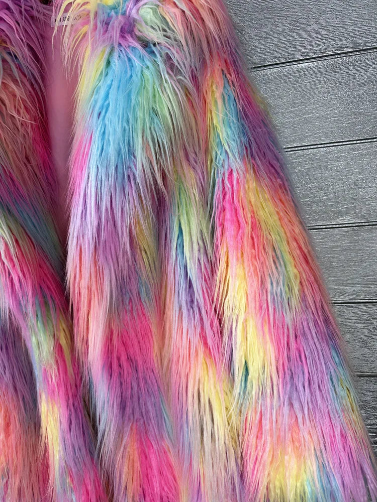 DEAT 2025 Winter New Items Imitation Colorful Long Coat For Women Faux Fur Suit Collar Long Sleeve Trench Jacket Female 11A05577