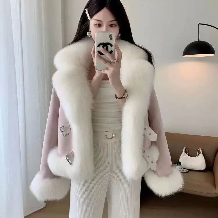 Women Imitation Fox Fur Turn Down Collar Suede Jacket Faux Mink Fur Collar Coat Fur Quilted Coat Cotton Padded Inner Parka Tops