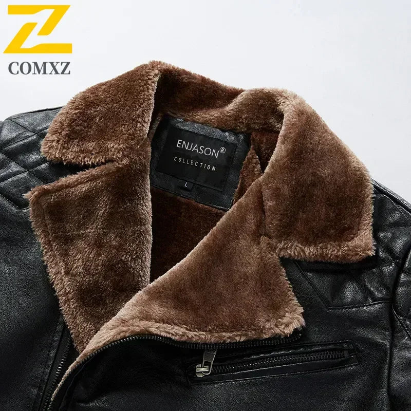 Fashion Warm Winter Mens PU Leather Jacket With Fur Collar Thicken Fleece Motorcycle Coat Casual Faux Leather Locomotive Jacket