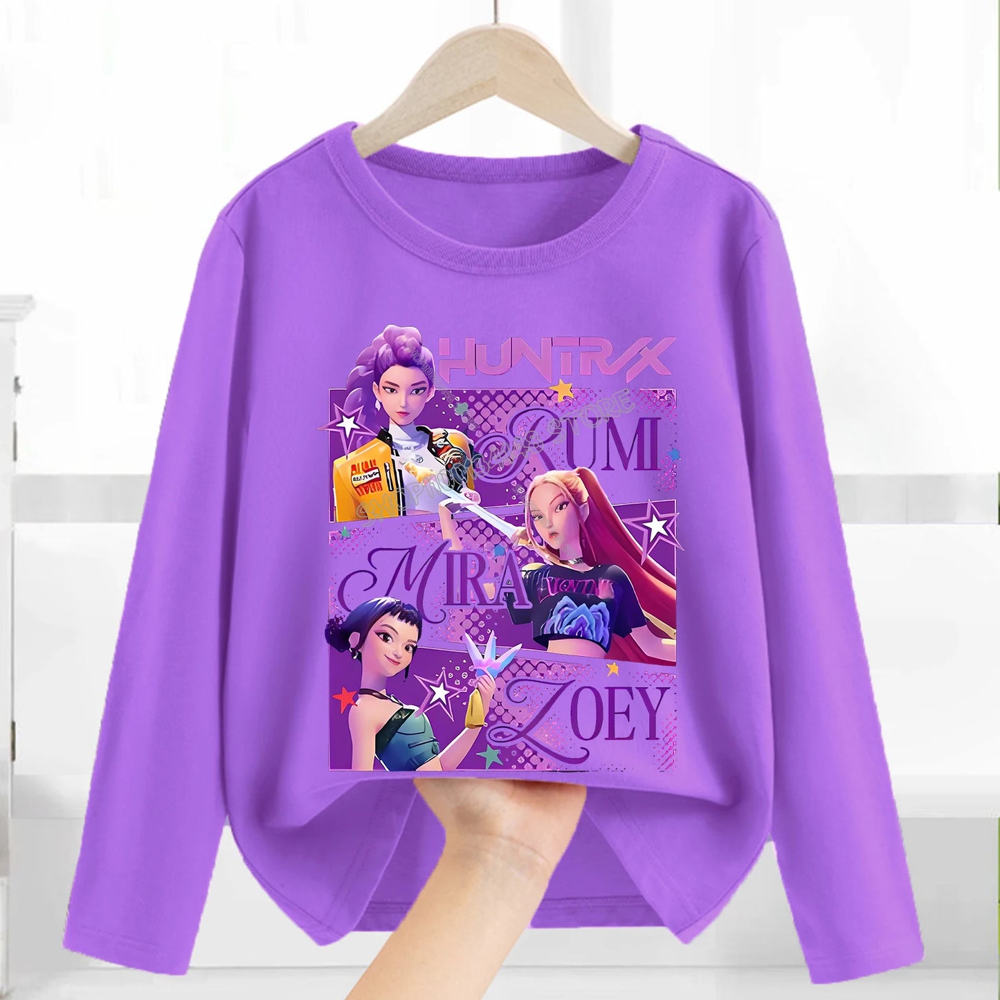 Kpop Demon Hunters Long Sleeve for Children Cartoon A-Z Letter Clothing Kids Purple Caftan Clothes Girl Round Collar Blouse Gift