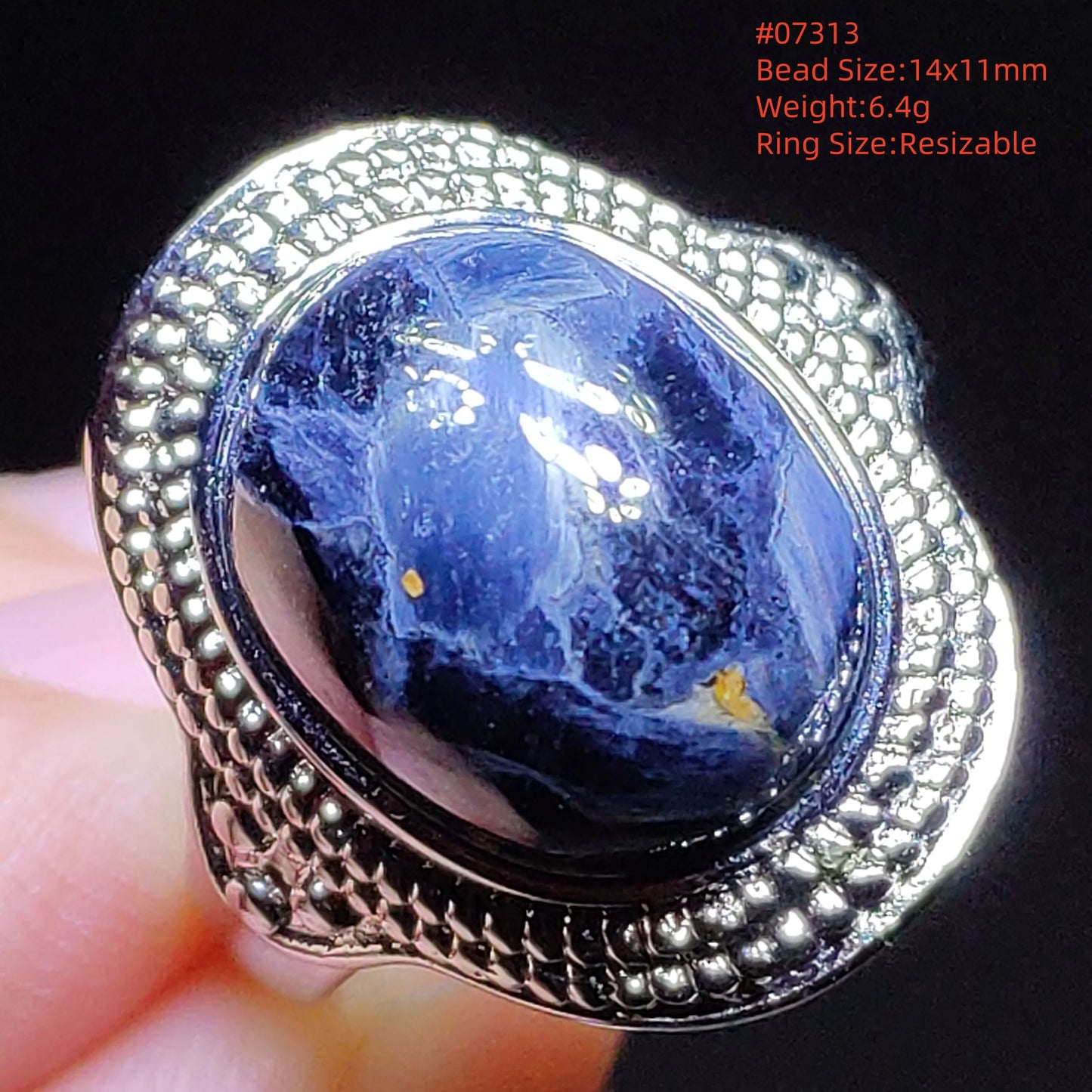 Natural Blue Pietersite Beads Adjustable Ring Woman Men Namibia Pietersite Ring Chatoyant Beads Fashion Silver Jewelry AAAAAA