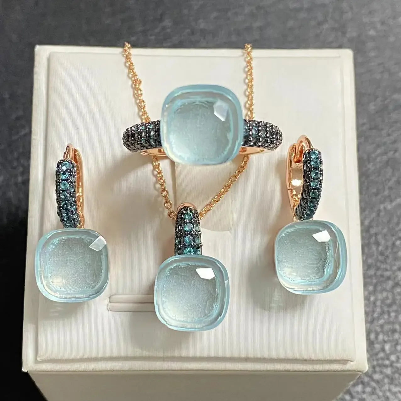 3Pcs Gun Black Plated Blue Zircon Jewelry Set for Women Includes Ring Earrings Necklace Elegant Crystal Blue Topaz Matching Gift