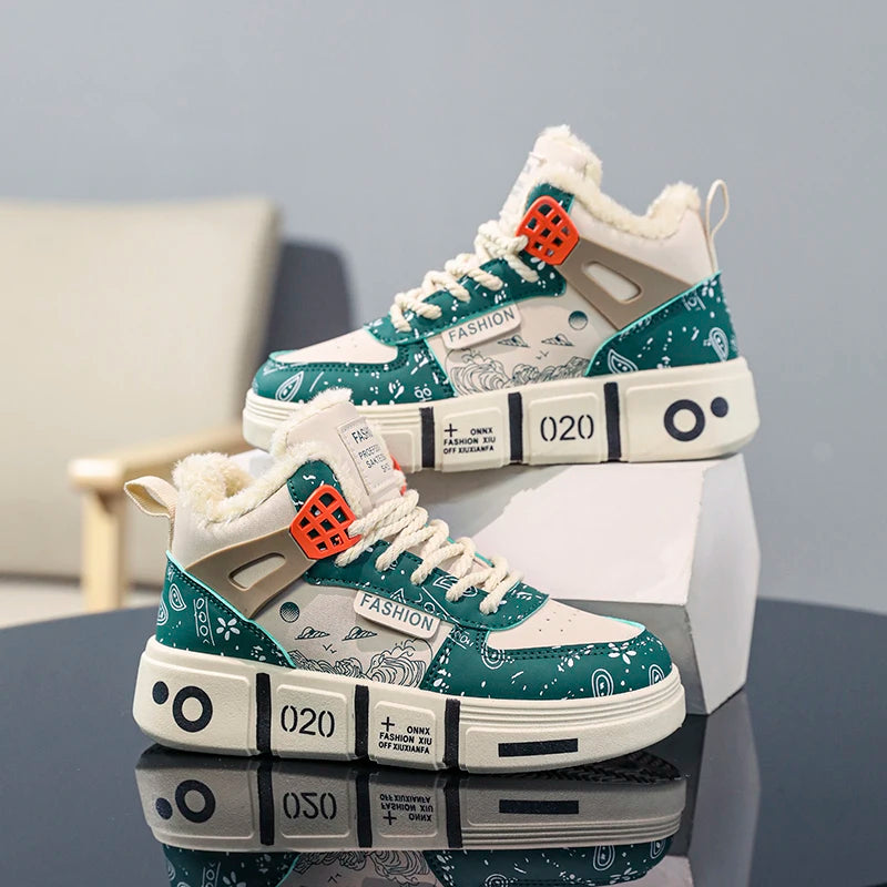 Kids Sneakers Winter Warm Plush Walking Shoes High-top Comfortable Fashion Casual Flat Tennis Shoes Childrens Boots for Boy