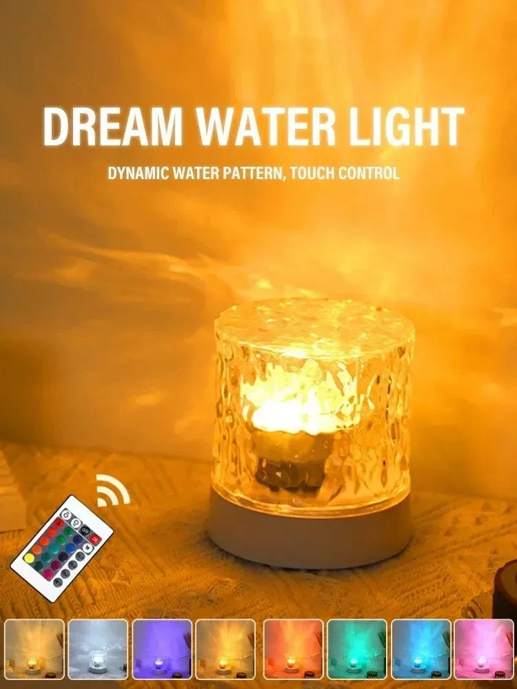 Rechargeable 16 Color LED Water Ripple Projector Night Light Remote Control Bedroom Ambient Lamp RGB Dimmable Crystal Table Lamp