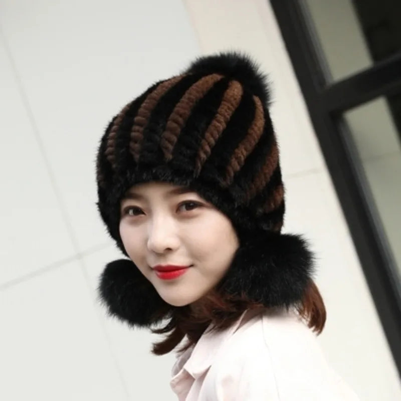 Mink Fur Hat Women Winter Thickened Ear Protection Hat Natural Fur Knitted Caps With Pom Pom Fox Ball Fashion Beanies Fur Hats