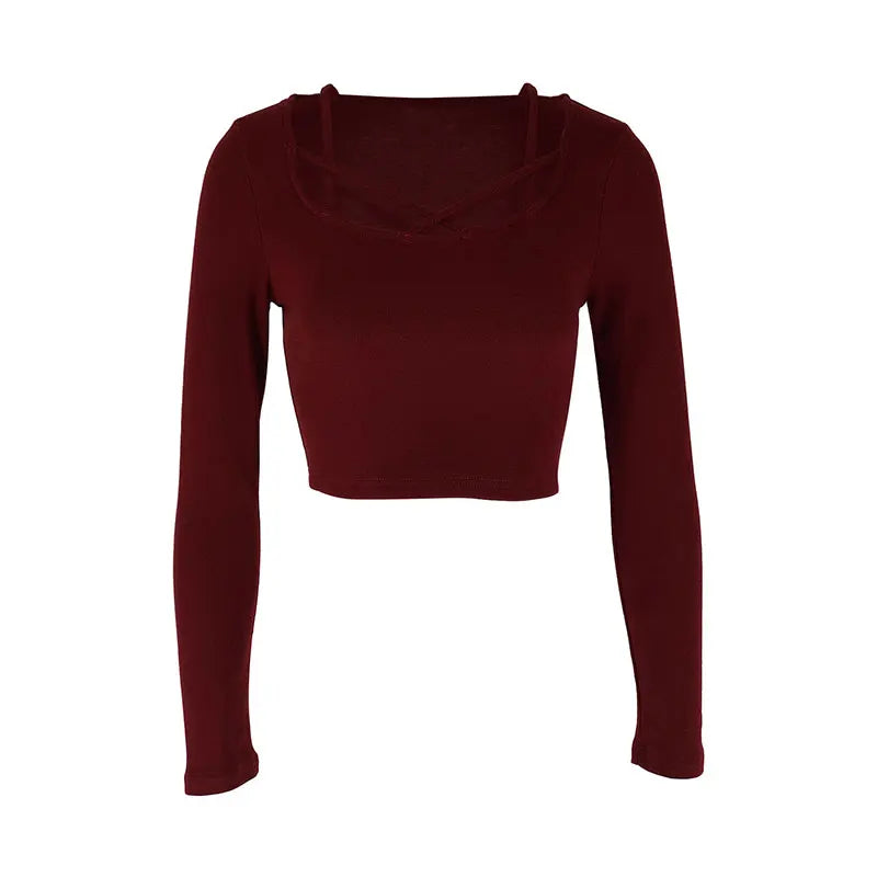 Sexy Wine Red Women's T-shirt   Hollow Out Low Chest Top New Streetwear Fashion Long Sleeves Casual Slim Female Knitted Tees Top