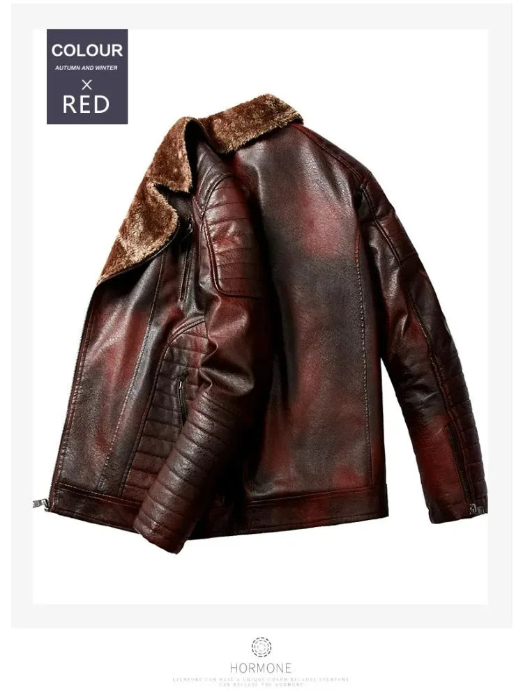 Fashion Warm Winter Mens PU Leather Jacket With Fur Collar Thicken Fleece Motorcycle Coat Casual Faux Leather Locomotive Jacket