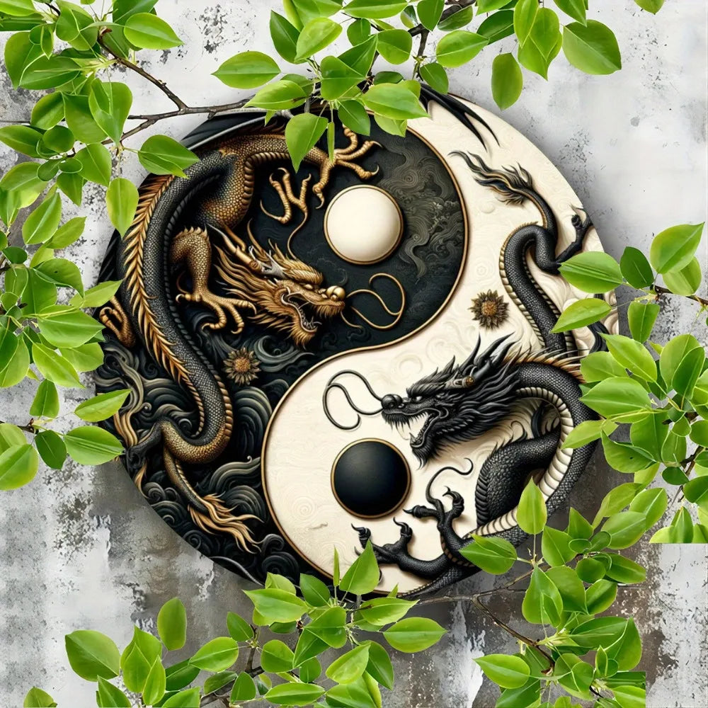 Yin-Yang Chinese Dragon Metal Sign - Black & White Oriental Wall Art for Home, Office & Cultural Enthusiasts