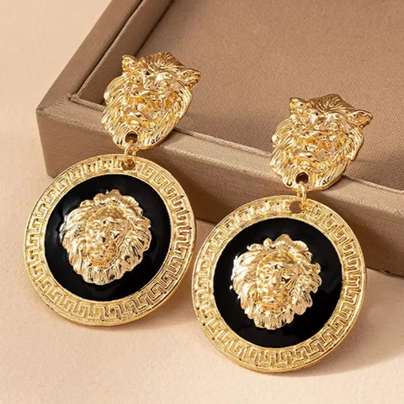 Stud Earrings For Women Vintage Lion Head Glass Geometric Party Gift OL Holiday Fashion Jewelry Ear Accessories CE150