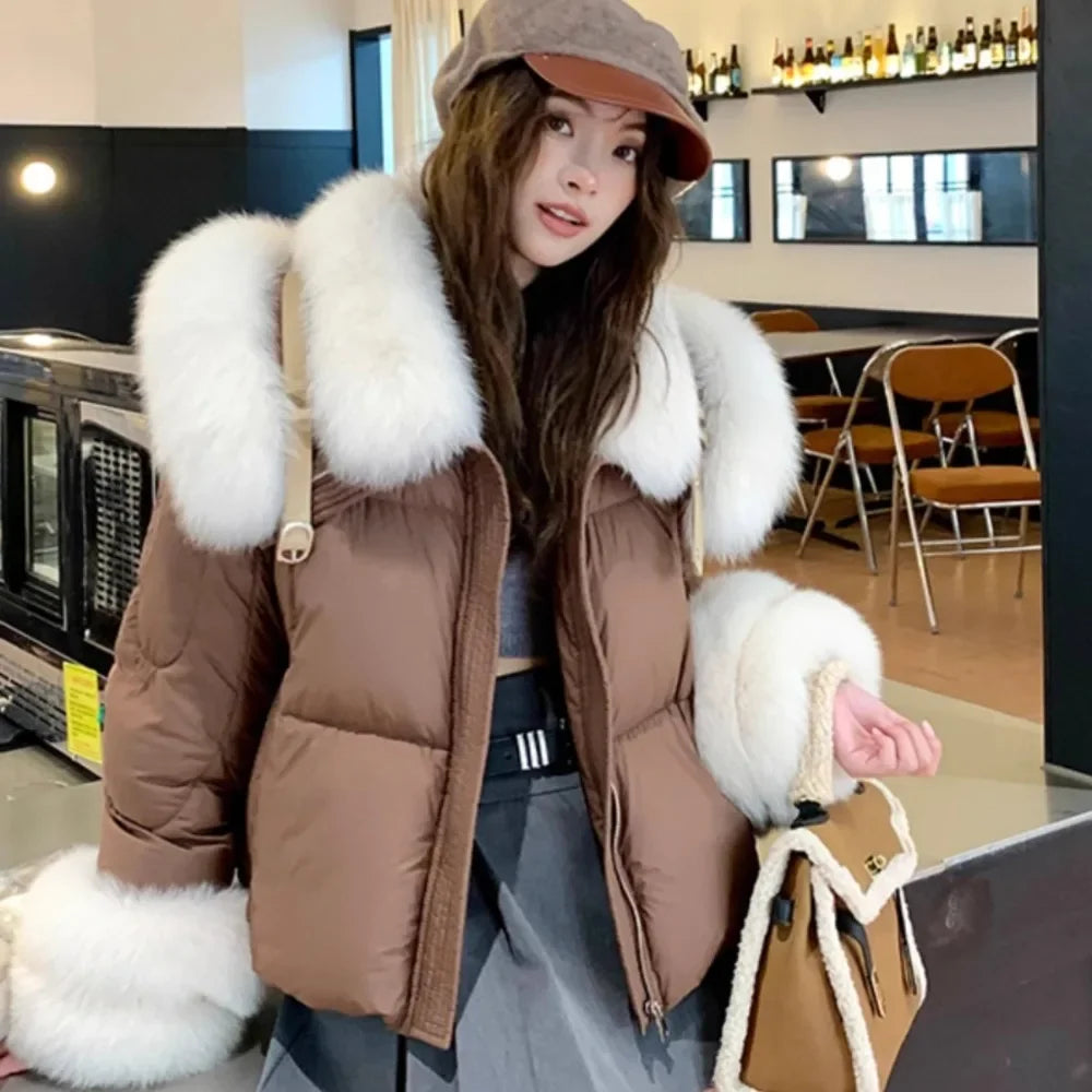 Natural Fox Fur Jacket Fashion Women Winter Luxury White Goose Down Jacket Thicken Female Casual Parkas Fur Collar Puffer Coat