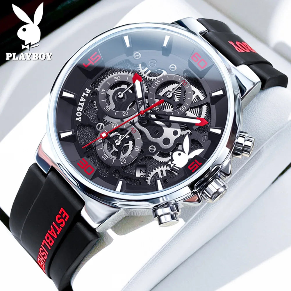 PLAYBOY Top Brand Trend Quartz Watch for Men Original Silicone Strap Men's Watches Waterproof Calendar Multifunction Male Watch