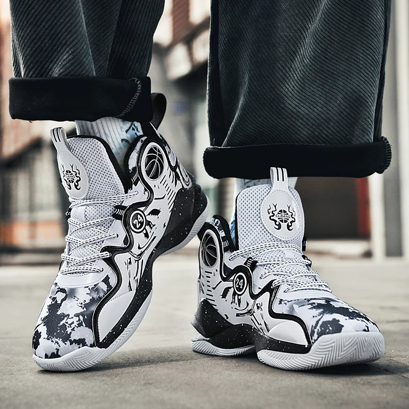 Men Basketball Shoes Soft Sole Cushioning Anti-Slip Sports Shoes Flat Comfortanle High-top Leather Basketball Boots for Man