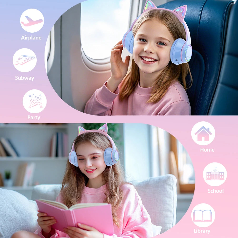 Gradient Wireless Headphones RGB Cat Ear Bluetooth Headphones With Microphone Stereo Music Game Earphone For Girls Kids Gifts