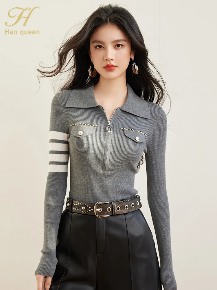 H Han Queen Spring Autumn Zipper Tops Slim Knitted Bottom Shirt Women's Sweater Striped  Casual Knitted Pullover Sweater