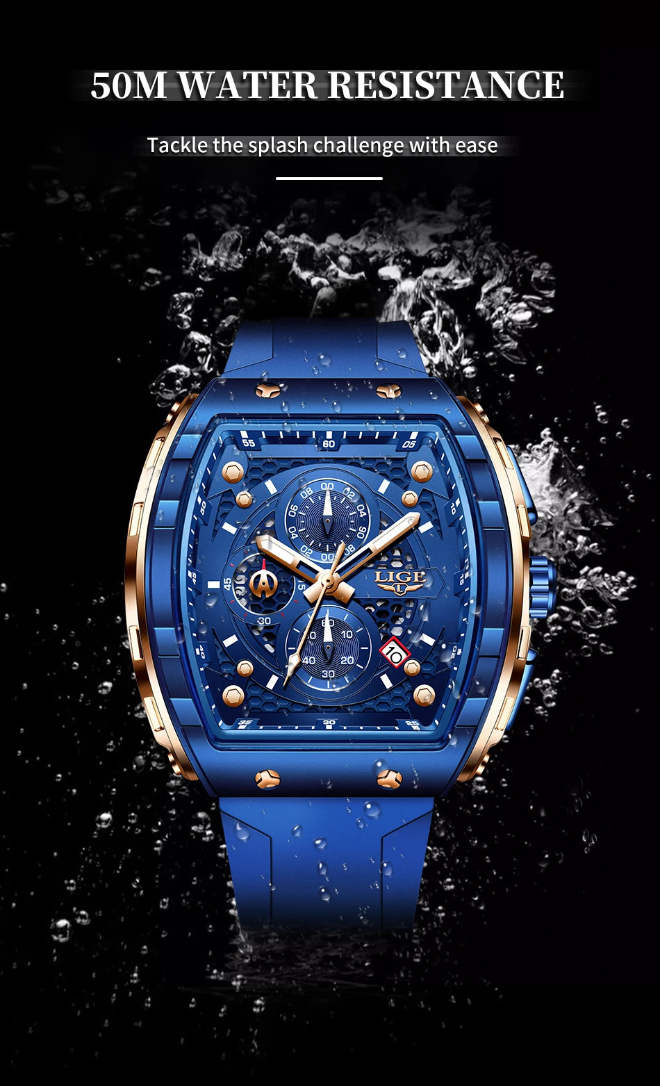 LIGE Top Brand Men's Watches Luxury Square Quartz Wristwatch Waterproof Luminous Chronograph Watch for Men Date Clock