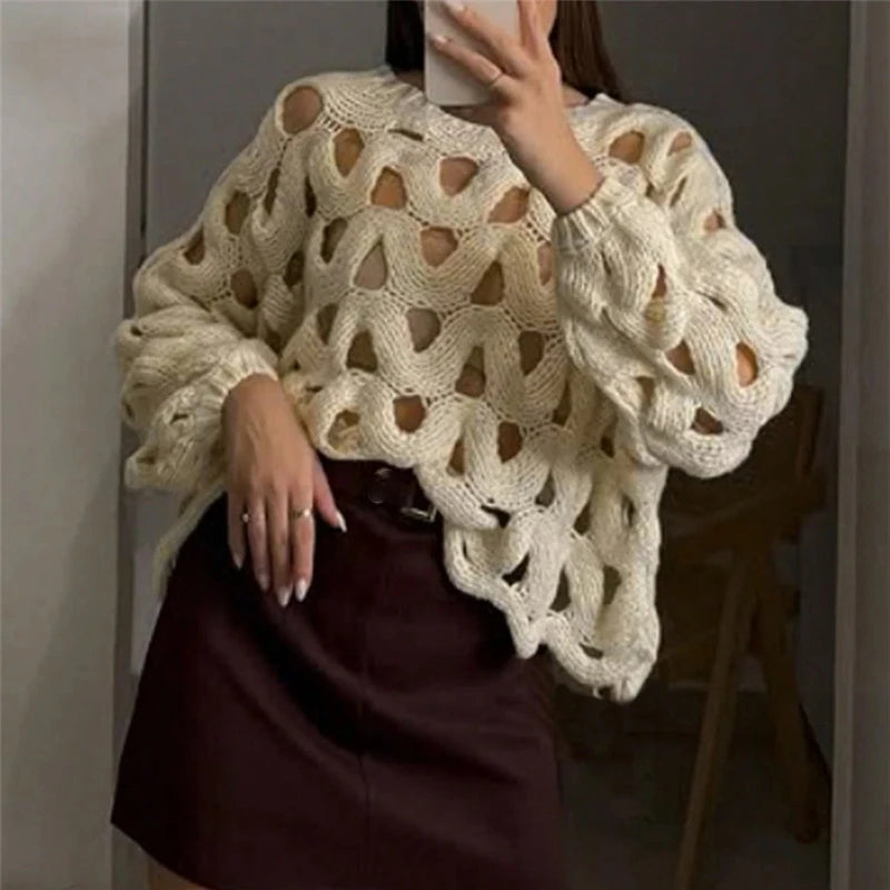 Sexy Hollow Out Long Sleeved Knitted Sweater Summer Beach O-neck Crochet Pullover Casual Solid Color Women's Loose Top Blouses