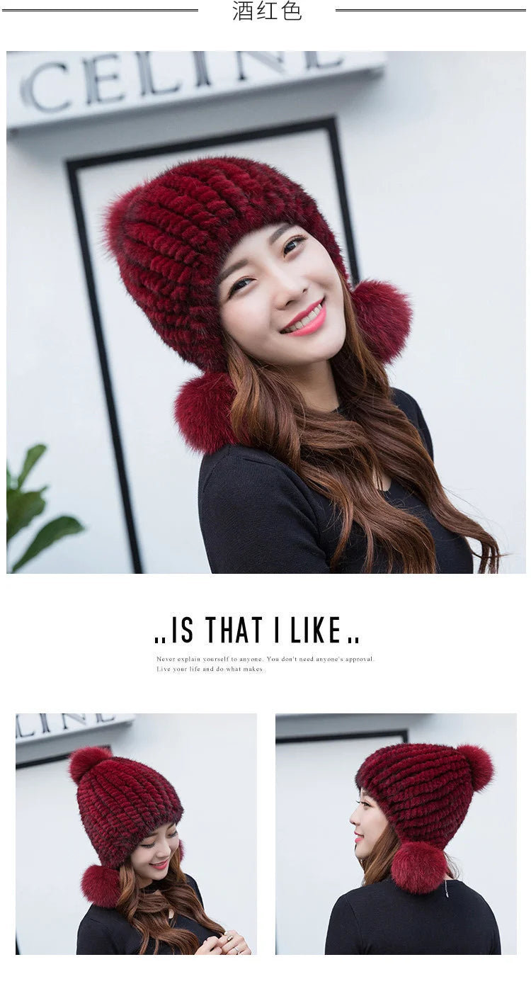 Mink Fur Hat Women Winter Thickened Ear Protection Hat Natural Fur Knitted Caps With Pom Pom Fox Ball Fashion Beanies Fur Hats