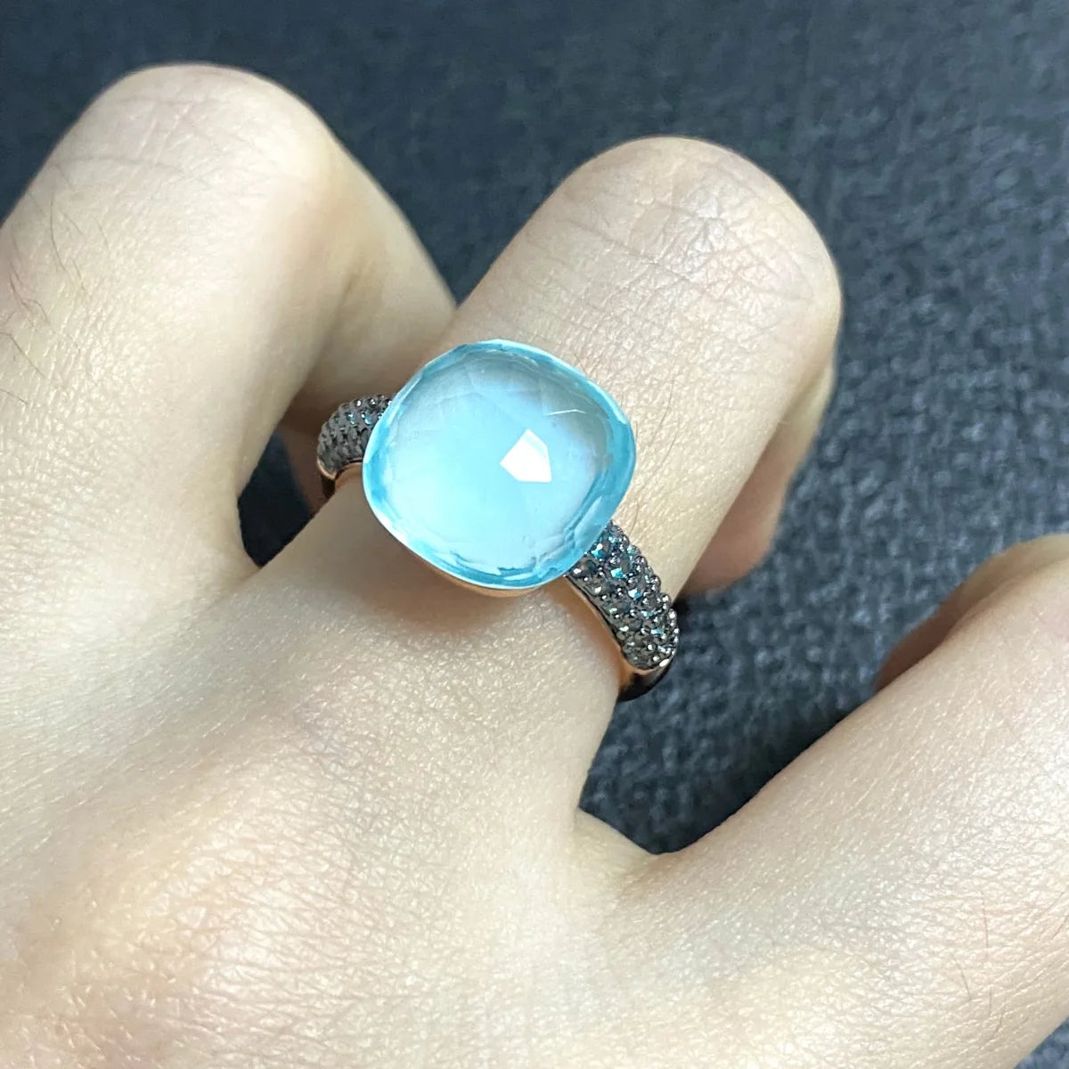 Blue Topaz Ring Inlay Black Zircon With Black Gun Plated 12.6mm Flat Crystal Ring For Women Party Fashion Jewelry Gift