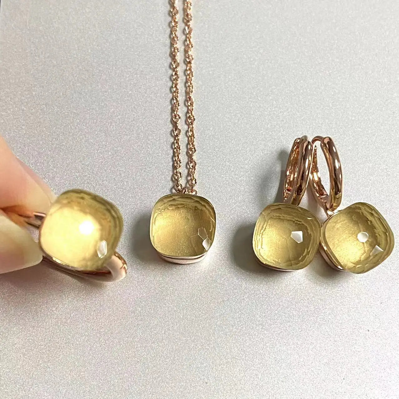 3Pcs/Set Women Ring Earrings Necklace Jewelry Set 34Colors Pink Crystal Jewelry Set Rose Gold Plated Jewelry