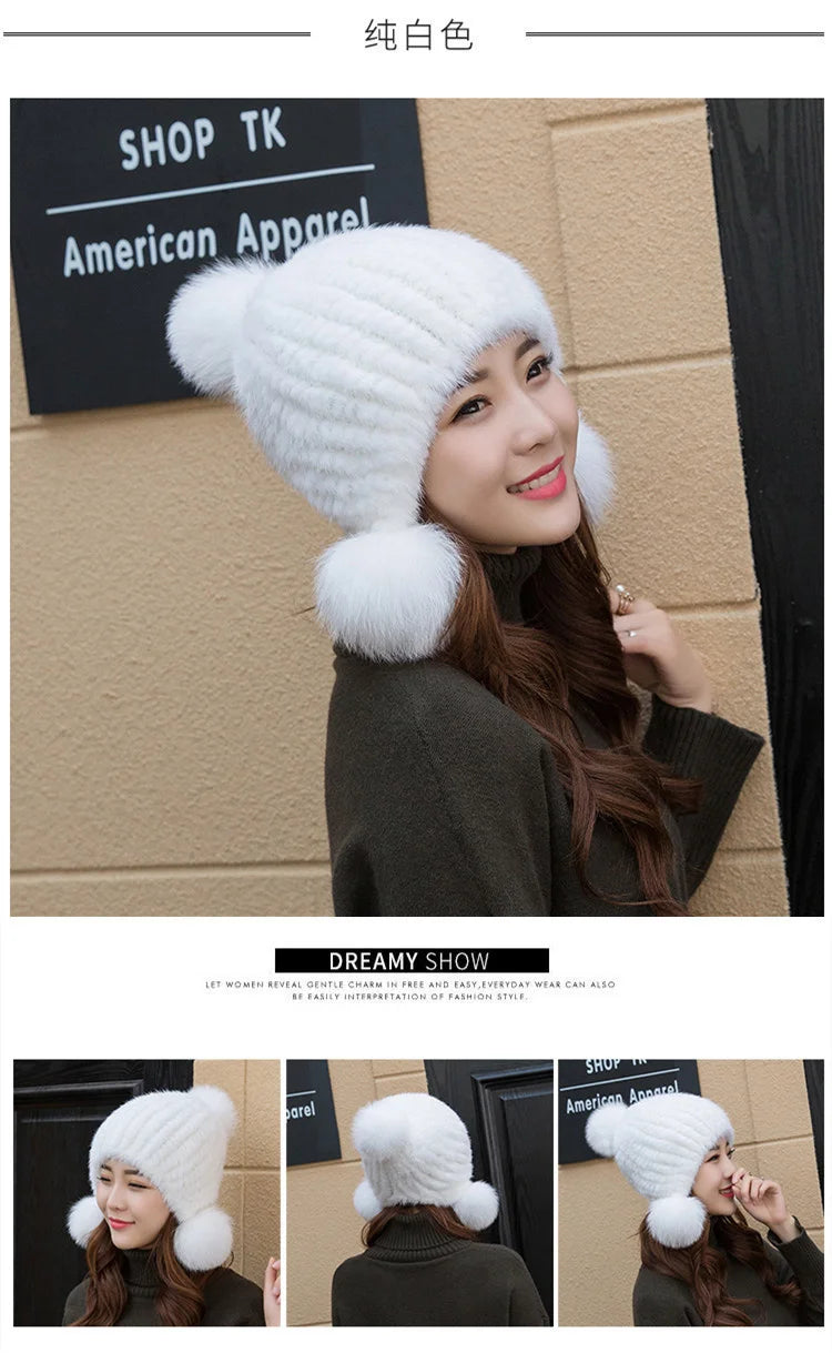 Mink Fur Hat Women Winter Thickened Ear Protection Hat Natural Fur Knitted Caps With Pom Pom Fox Ball Fashion Beanies Fur Hats
