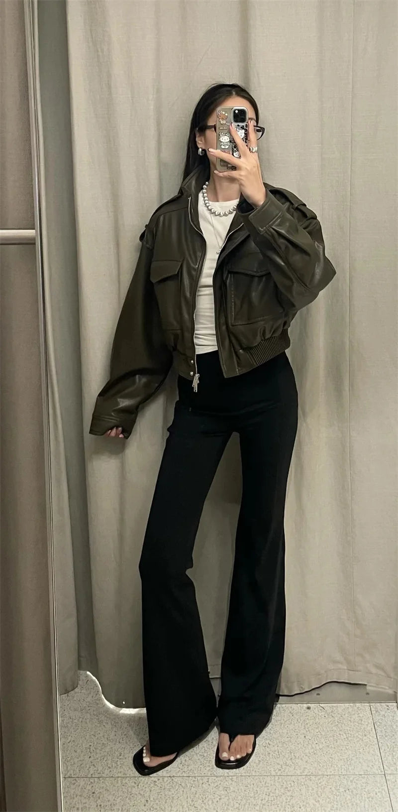 Women's Jacket New Fall 2025 Dark Green Long Sleeve Faux Leather Short Jacket Jacket Biker Style Casual Fashion Personality