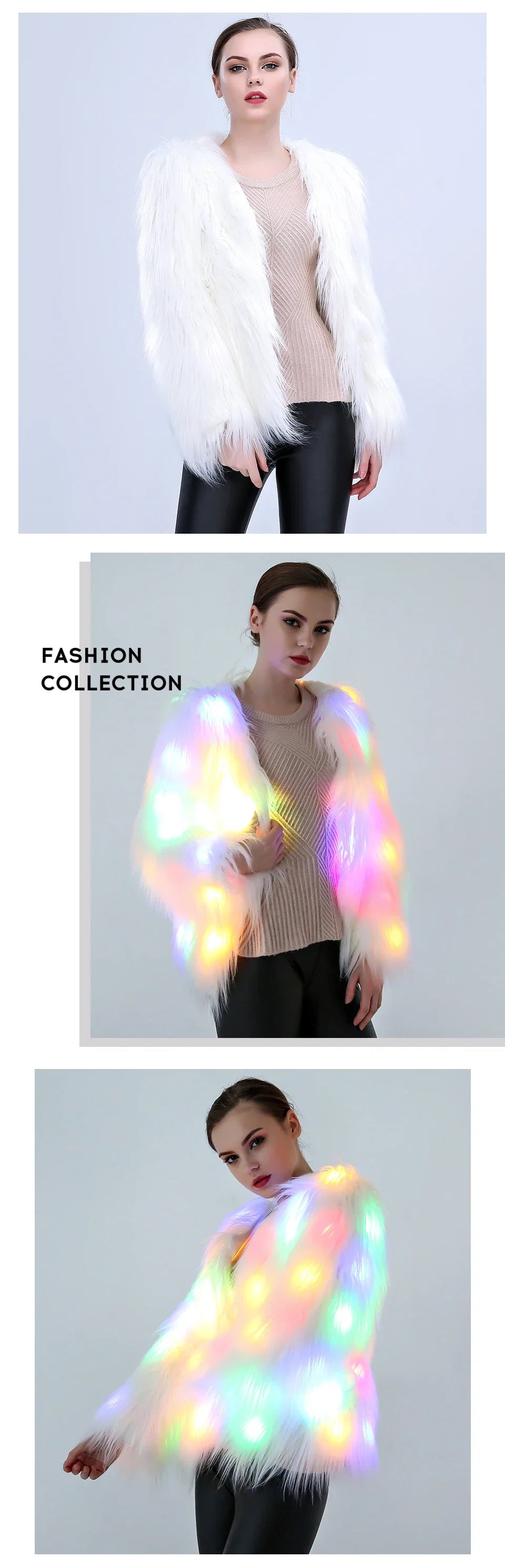Women Faux Fur LED Light Coat Christmas Cosplay costumes Fluffy Fur jacket Outwear Winter Warm Festival Party Club Overhat
