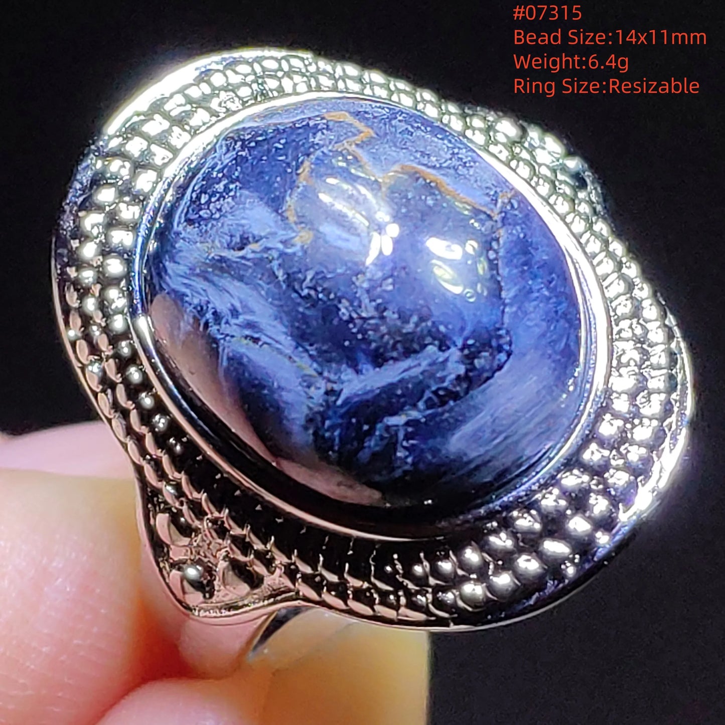 Natural Blue Pietersite Beads Adjustable Ring Woman Men Namibia Pietersite Ring Chatoyant Beads Fashion Silver Jewelry AAAAAA