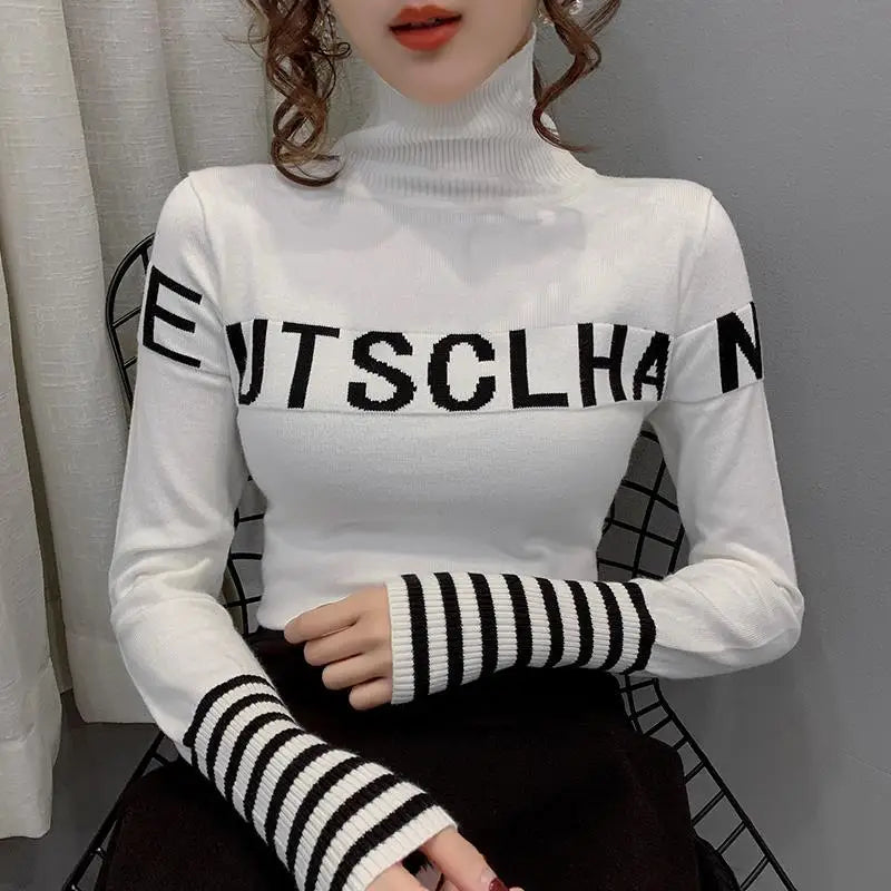 Turtleneck Pullovers Femme Autumn Winter Interior Lapping Fashionable Slim Bottoming Shirt Letter Knitting Sweater Striped Tops