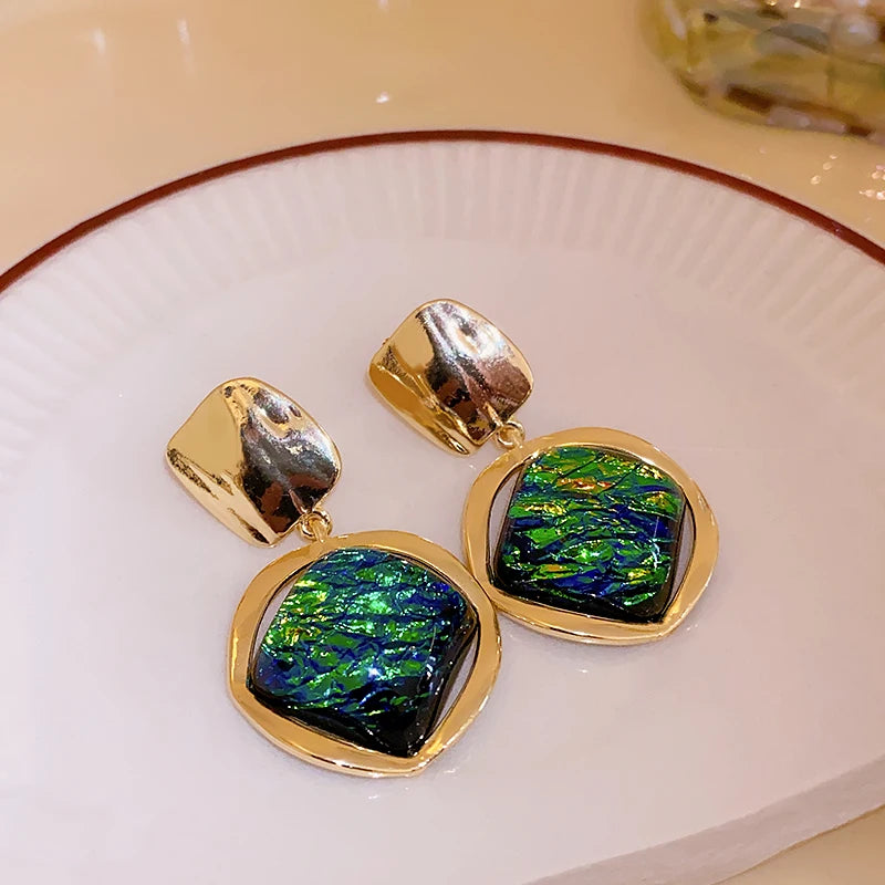 Vintage Green Geometric Rhombus Round Earrings Women Fashion Rhinestone Stud Earrings For Party Wedding Jewelry Accessories