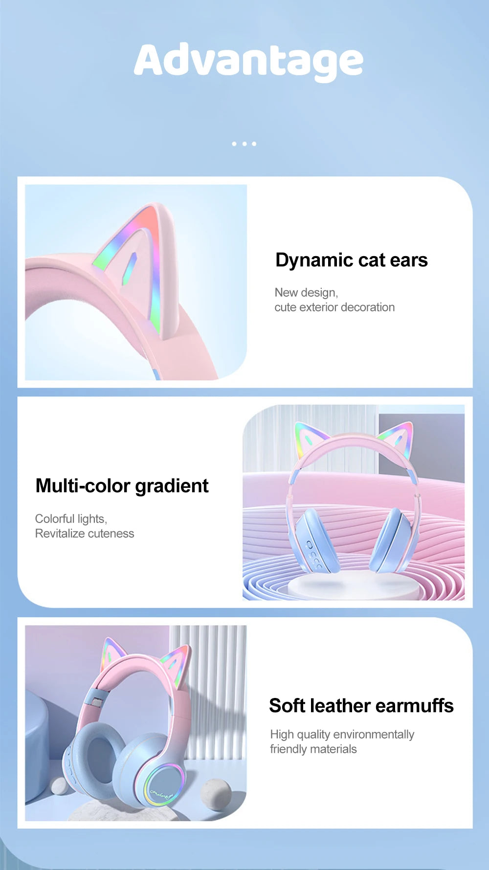 Gradient Wireless Headphones RGB Cat Ear Bluetooth Headphones With Microphone Stereo Music Game Earphone For Girls Kids Gifts