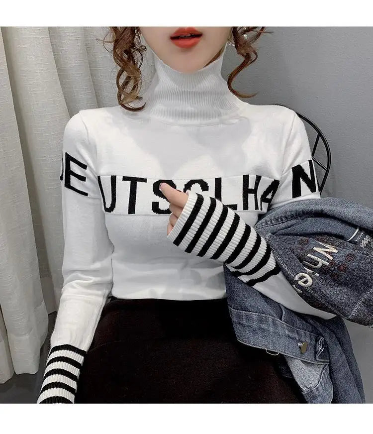 Turtleneck Pullovers Femme Autumn Winter Interior Lapping Fashionable Slim Bottoming Shirt Letter Knitting Sweater Striped Tops