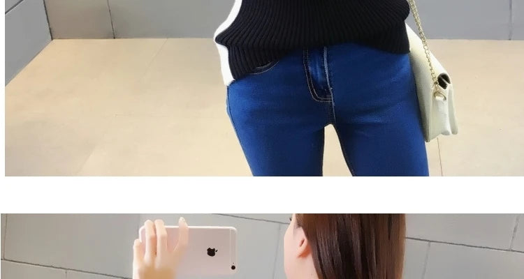 Autumn Winter Turtleneck Contrasting Colors Spliced Sweaters Female Fashion Office Lady Warm Knitted Jumpers Women's Clothing