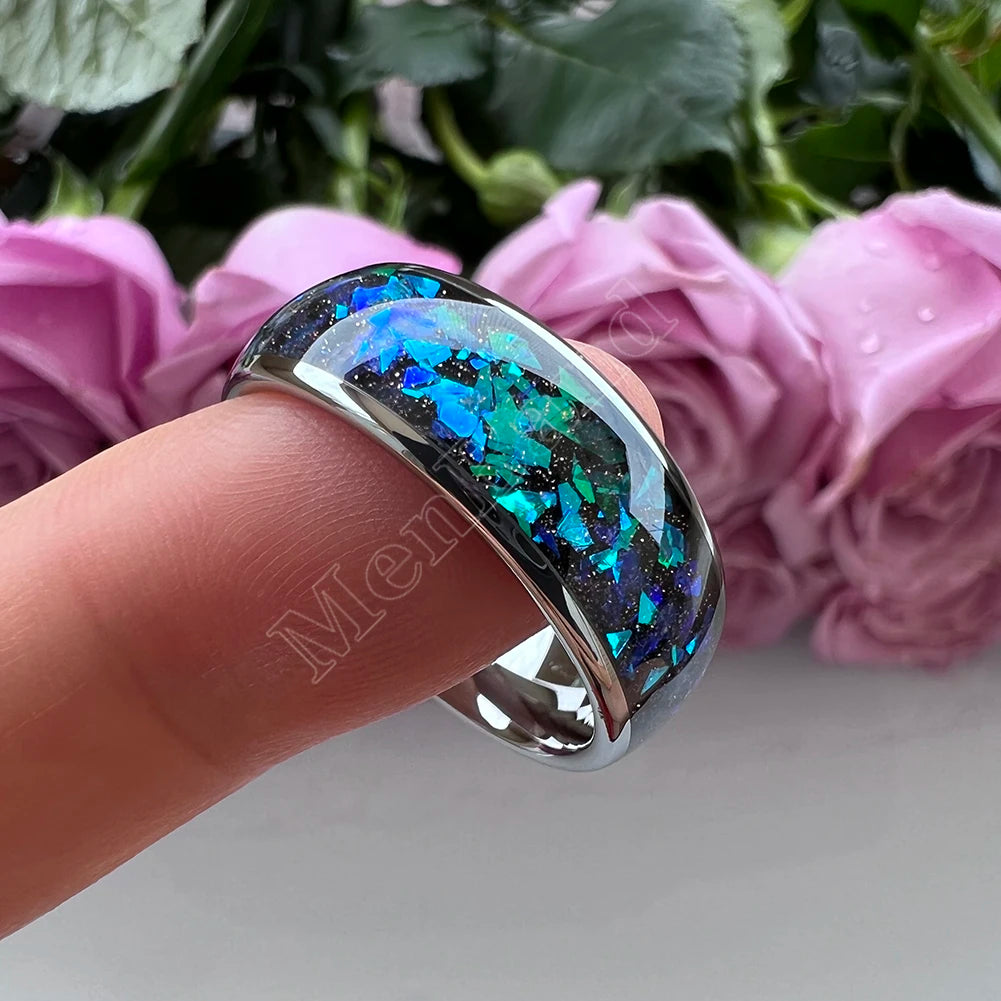 MenBand Fashion New Arrivals 8MM Tungsten Wedding Band Ring Middle Groove Inlaid With Blue Opal Domed Polished Comfort Fit