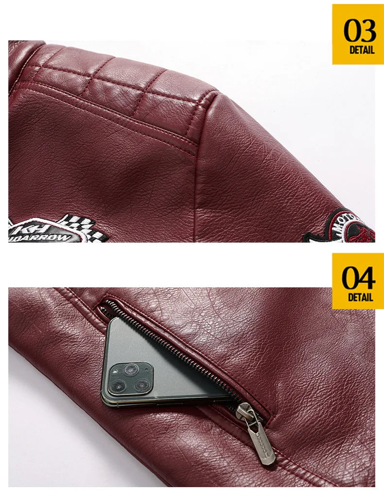 Motorcycle Jacket Leather Men's Brand Moto Leather Jacket Coat Men Handsome Washed Embroidery Biker PU Jacket Male Jaqueta Men