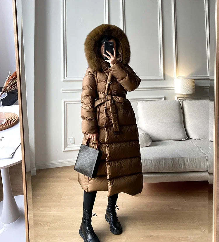 Real Fur Jacket 2024 Winter Women White Duck Down Jackets Ultra Light Warm Long Parkas Fox Fur Collar Female Hooded Snow Coats