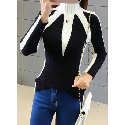 Autumn Winter Turtleneck Contrasting Colors Spliced Sweaters Female Fashion Office Lady Warm Knitted Jumpers Women's Clothing