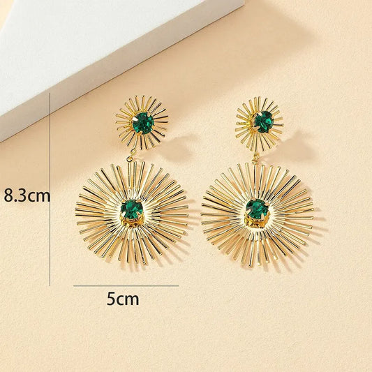 Green Stone Big Metal Dangle Earring Post For Women Gold Color Vintage Geometric Statement Drop Earrings New Style