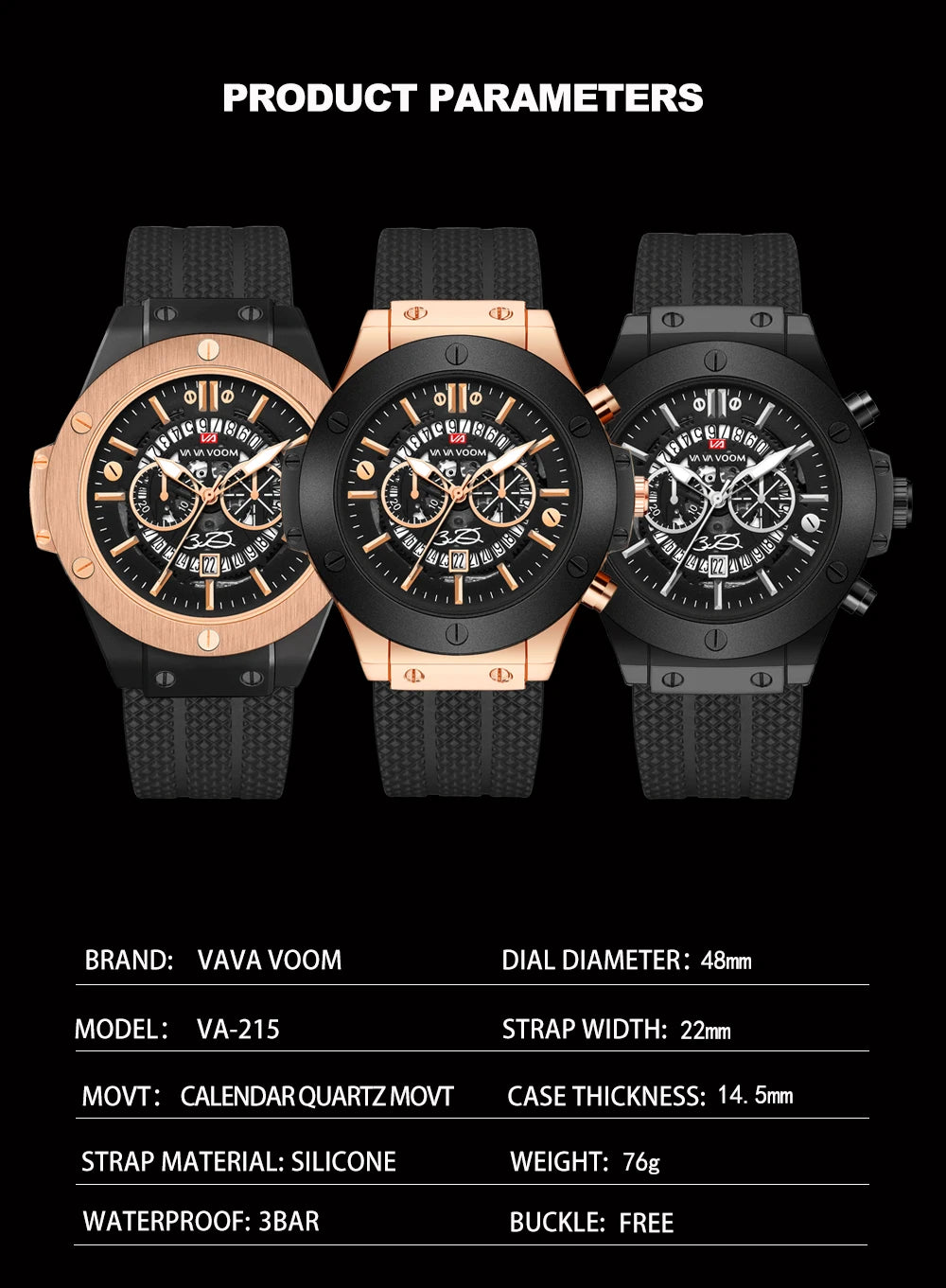 Black Silicone Mens Hand 46mm Hollowed Out Large Dial Rose Gold Fashionable Military Style Original Quartz Movement Sports Watch