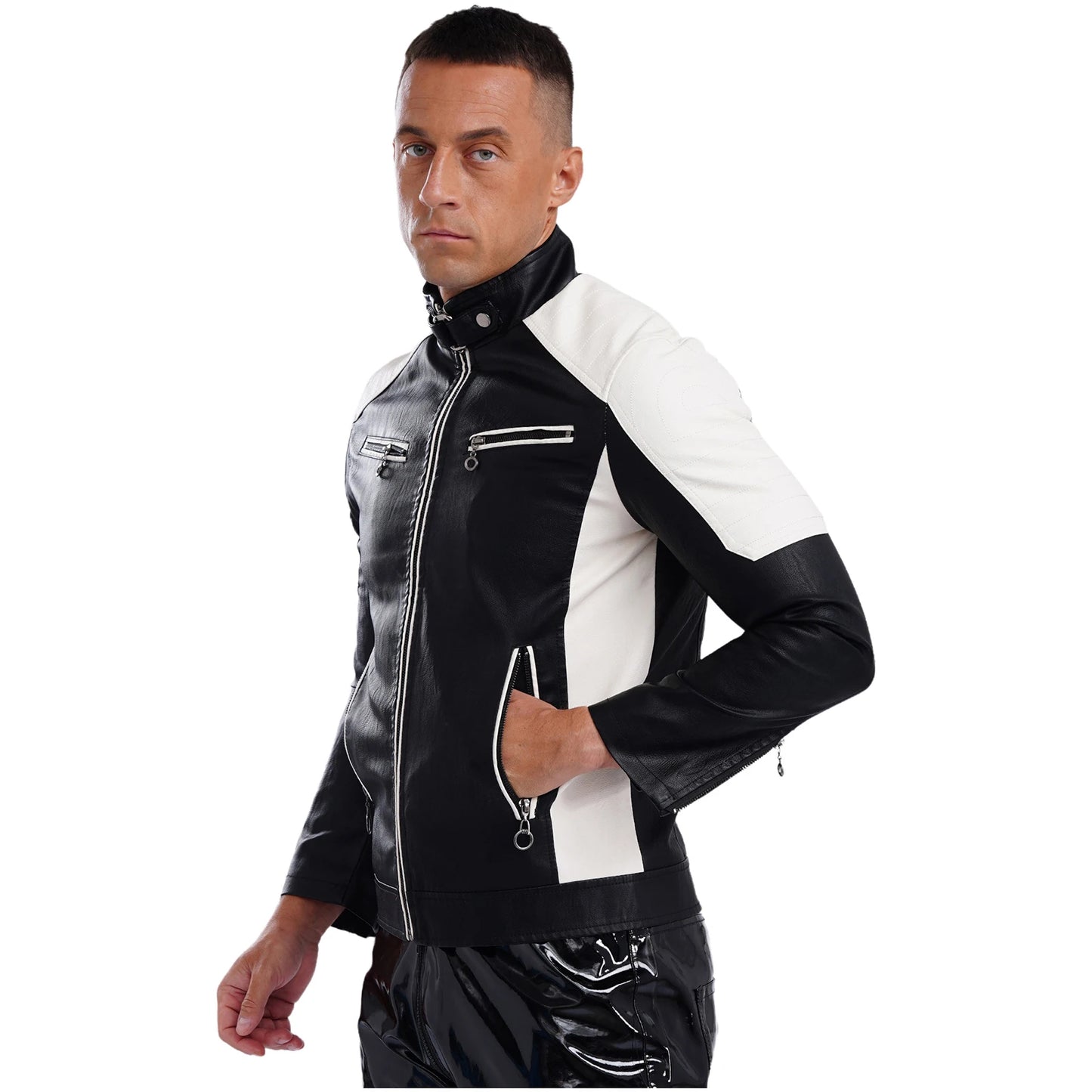 Mens Racing PU Leather Jackets Coat Long Sleeve Front Zipper Outerwear Windproof Motorcycle Biker Racer Bomber Jacket Streetwear
